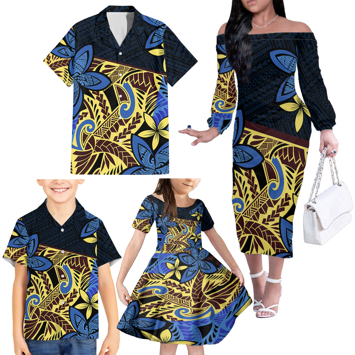 Polynesia Fabric Family Matching Off Shoulder Long Sleeve Dress and Hawaiian Shirt Polynesian Tribal With Frangipani Flowers - Wonder Print Shop