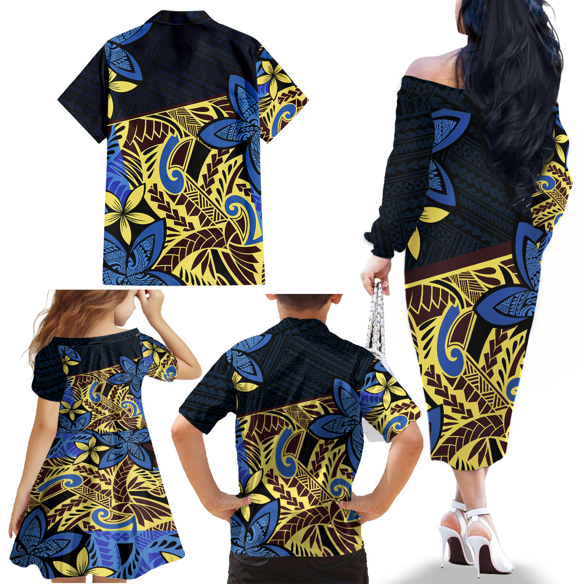 Polynesia Fabric Family Matching Off Shoulder Long Sleeve Dress and Hawaiian Shirt Polynesian Tribal With Frangipani Flowers - Wonder Print Shop