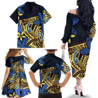 Polynesia Fabric Family Matching Off Shoulder Long Sleeve Dress and Hawaiian Shirt Polynesian Tribal With Frangipani Flowers - Wonder Print Shop
