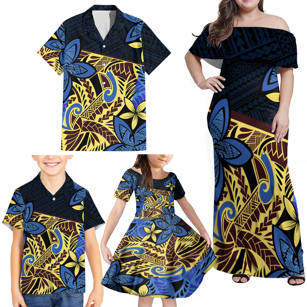 Polynesia Fabric Family Matching Off Shoulder Maxi Dress and Hawaiian Shirt Polynesian Tribal With Frangipani Flowers - Wonder Print Shop