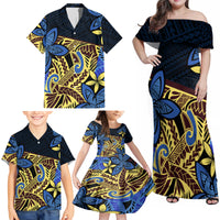 Polynesia Fabric Family Matching Off Shoulder Maxi Dress and Hawaiian Shirt Polynesian Tribal With Frangipani Flowers - Wonder Print Shop