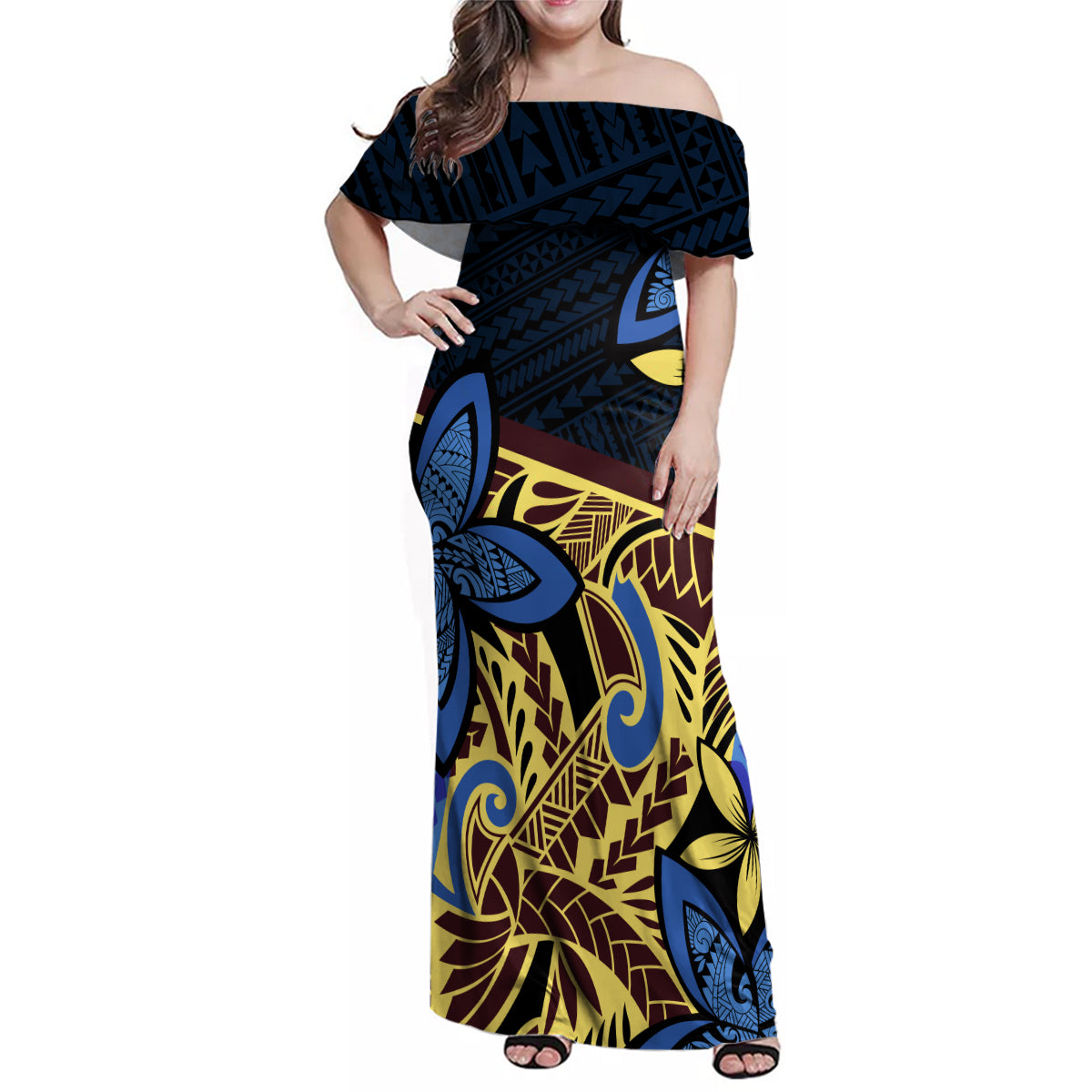 Polynesia Fabric Family Matching Off Shoulder Maxi Dress and Hawaiian Shirt Polynesian Tribal With Frangipani Flowers - Wonder Print Shop