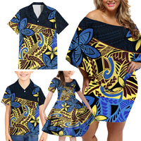 Polynesia Fabric Family Matching Off Shoulder Short Dress and Hawaiian Shirt Polynesian Tribal With Frangipani Flowers - Wonder Print Shop