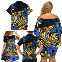 Polynesia Fabric Family Matching Off Shoulder Short Dress and Hawaiian Shirt Polynesian Tribal With Frangipani Flowers - Wonder Print Shop