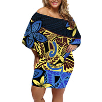 Polynesia Fabric Family Matching Off Shoulder Short Dress and Hawaiian Shirt Polynesian Tribal With Frangipani Flowers - Wonder Print Shop