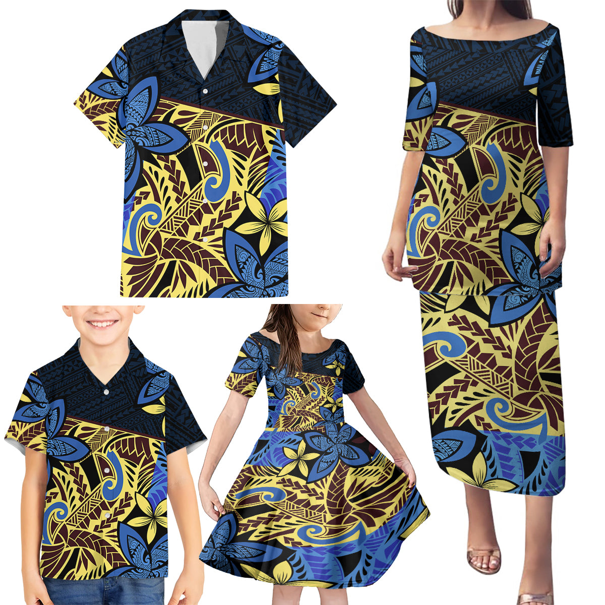 Polynesia Fabric Family Matching Puletasi Dress and Hawaiian Shirt Polynesian Tribal With Frangipani Flowers - Wonder Print Shop