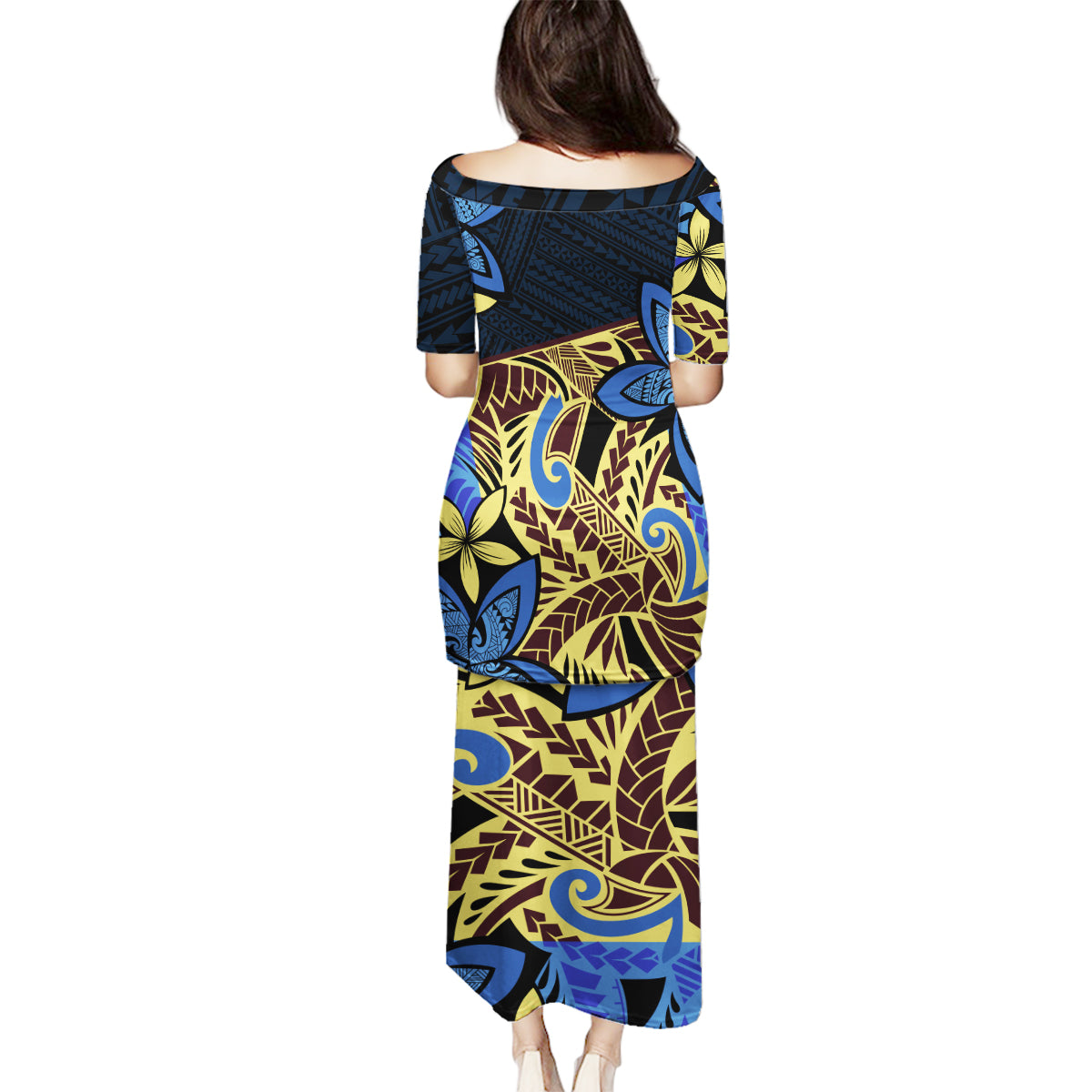 Polynesia Fabric Family Matching Puletasi Dress and Hawaiian Shirt Polynesian Tribal With Frangipani Flowers - Wonder Print Shop