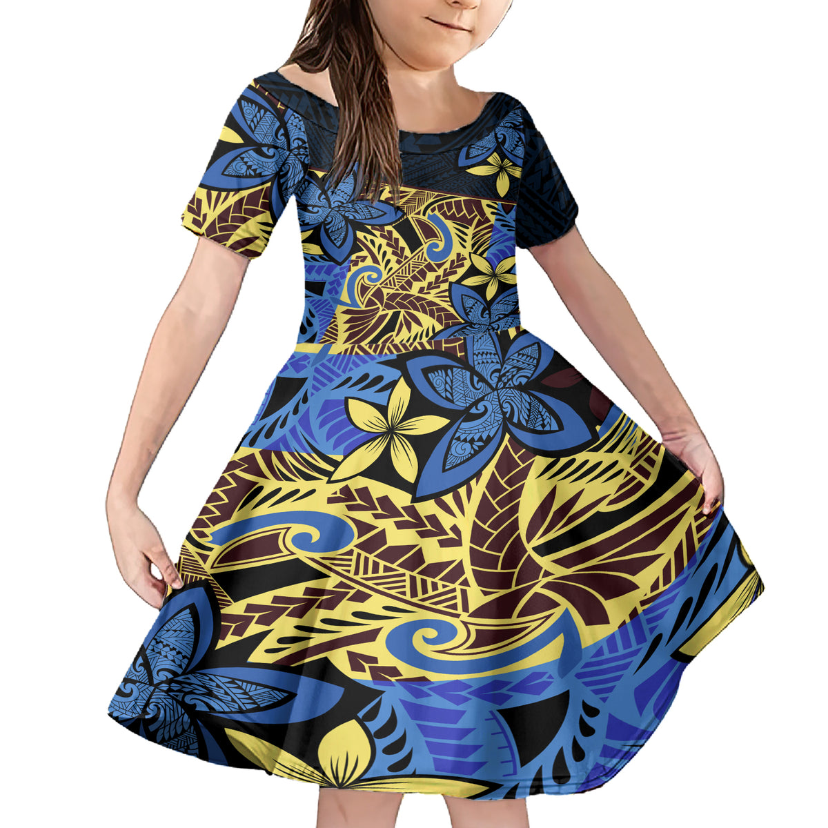 Polynesia Fabric Family Matching Short Sleeve Bodycon Dress and Hawaiian Shirt Polynesian Tribal With Frangipani Flowers - Wonder Print Shop