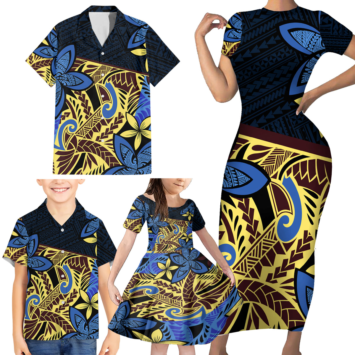 Polynesia Fabric Family Matching Short Sleeve Bodycon Dress and Hawaiian Shirt Polynesian Tribal With Frangipani Flowers - Wonder Print Shop
