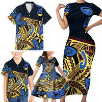 Polynesia Fabric Family Matching Short Sleeve Bodycon Dress and Hawaiian Shirt Polynesian Tribal With Frangipani Flowers - Wonder Print Shop