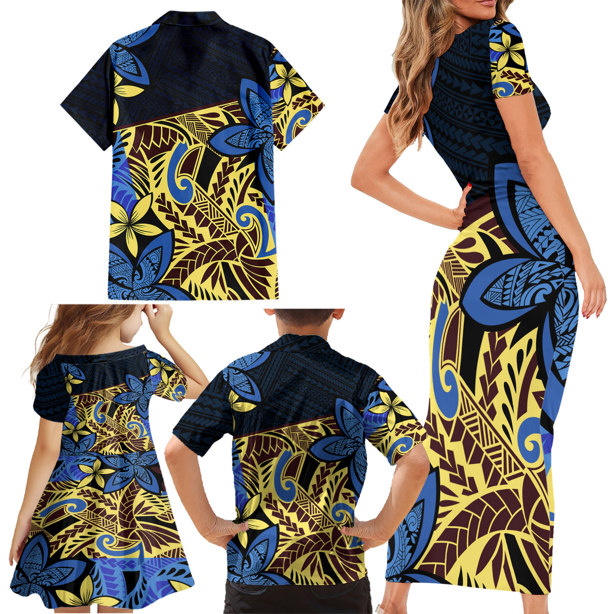 Polynesia Fabric Family Matching Short Sleeve Bodycon Dress and Hawaiian Shirt Polynesian Tribal With Frangipani Flowers - Wonder Print Shop