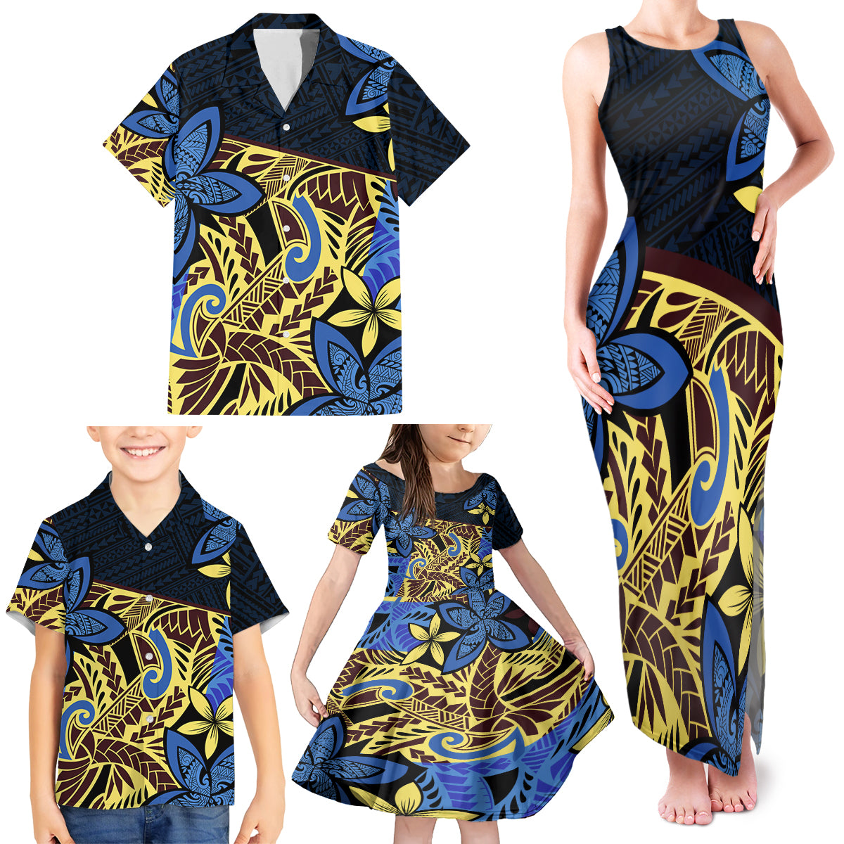 Polynesia Fabric Family Matching Tank Maxi Dress and Hawaiian Shirt Polynesian Tribal With Frangipani Flowers - Wonder Print Shop