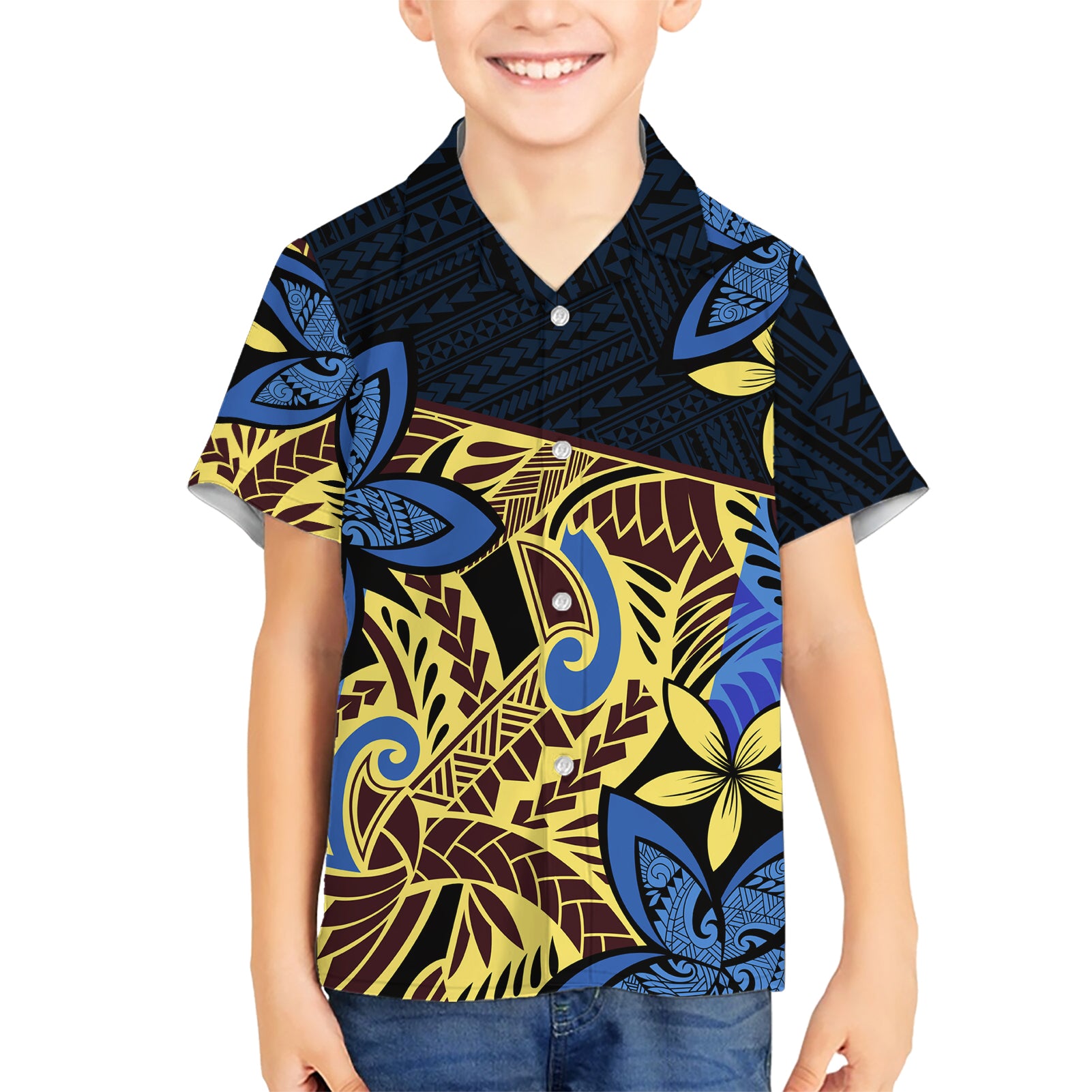 Polynesia Fabric Kid Hawaiian Shirt Polynesian Tribal With Frangipani Flowers - Wonder Print Shop