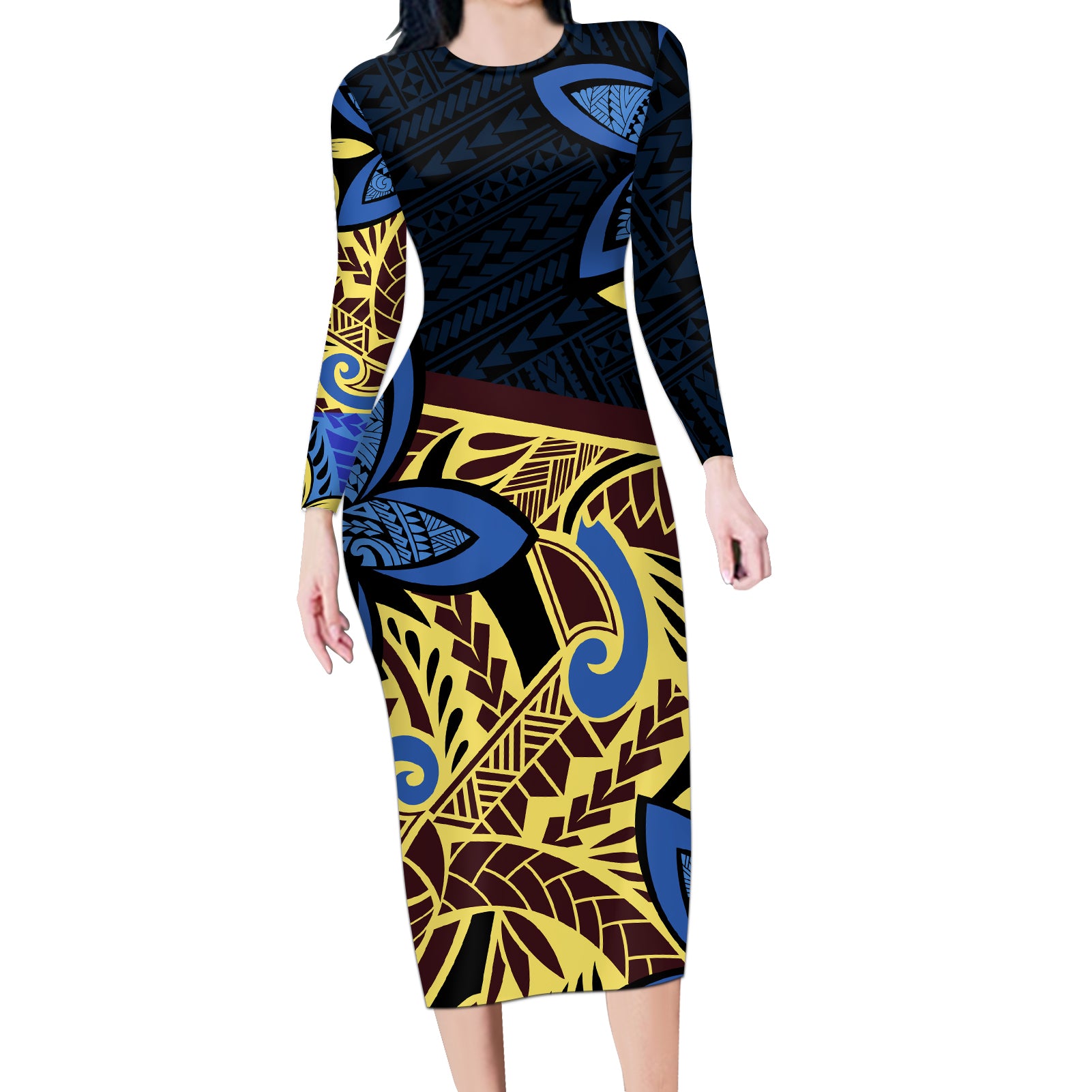 Polynesia Fabric Long Sleeve Bodycon Dress Polynesian Tribal With Frangipani Flowers - Wonder Print Shop