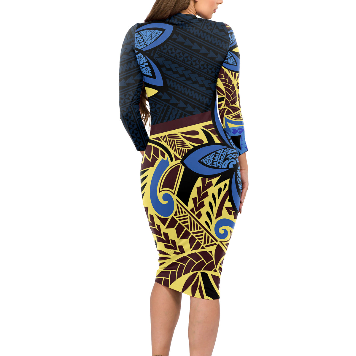 Polynesia Fabric Long Sleeve Bodycon Dress Polynesian Tribal With Frangipani Flowers - Wonder Print Shop