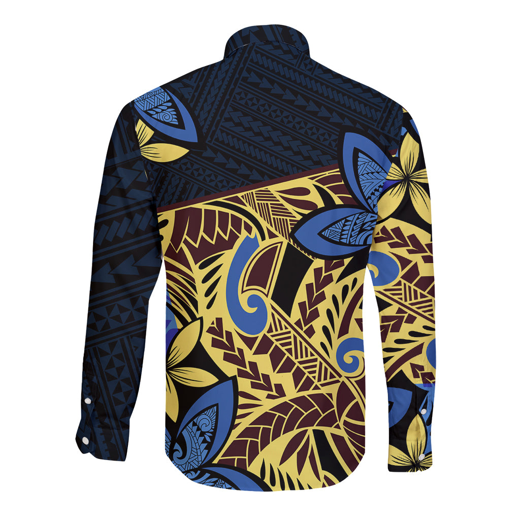 Polynesia Fabric Long Sleeve Button Shirt Polynesian Tribal With Frangipani Flowers - Wonder Print Shop