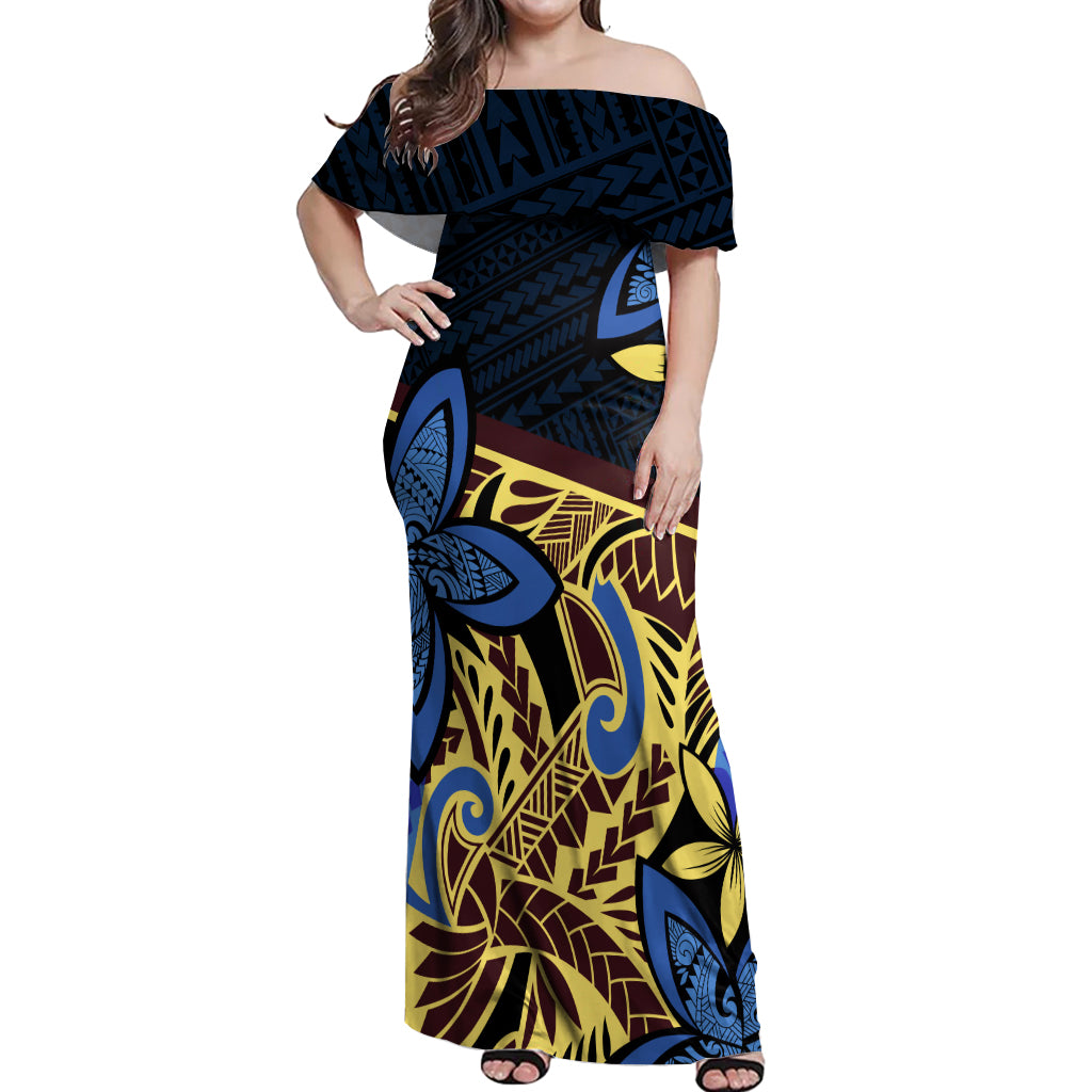 Polynesia Fabric Off Shoulder Maxi Dress Polynesian Tribal With Frangipani Flowers - Wonder Print Shop