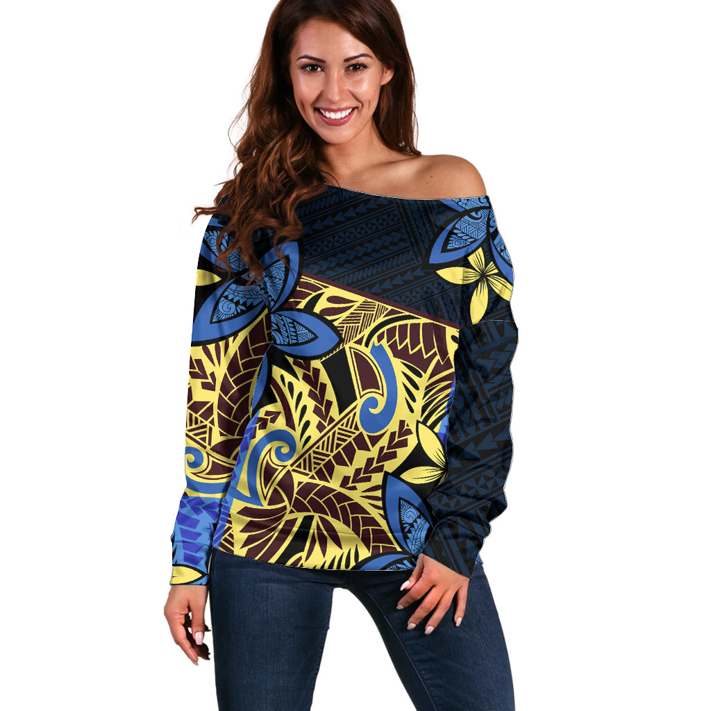 Polynesia Fabric Off Shoulder Sweater Polynesian Tribal With Frangipani Flowers - Wonder Print Shop