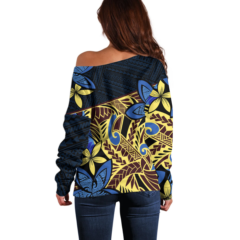Polynesia Fabric Off Shoulder Sweater Polynesian Tribal With Frangipani Flowers - Wonder Print Shop