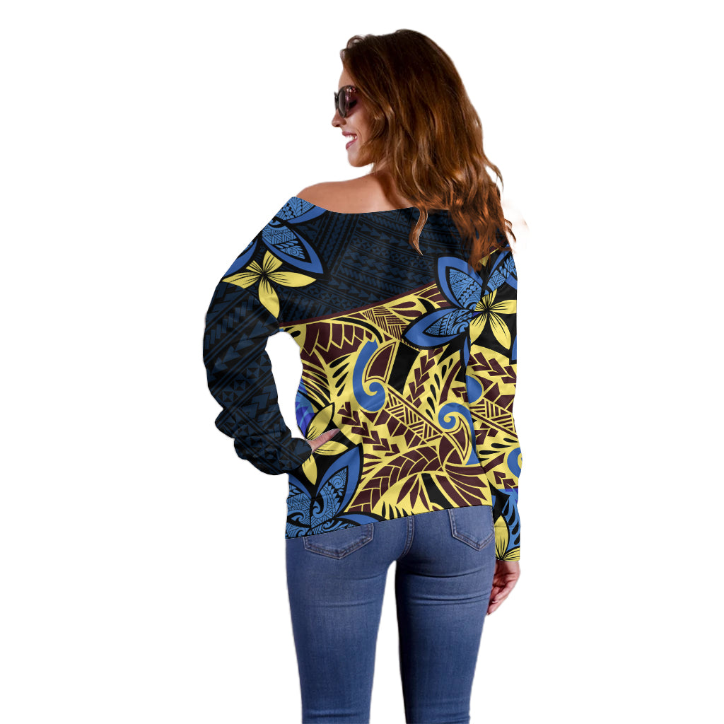 Polynesia Fabric Off Shoulder Sweater Polynesian Tribal With Frangipani Flowers - Wonder Print Shop