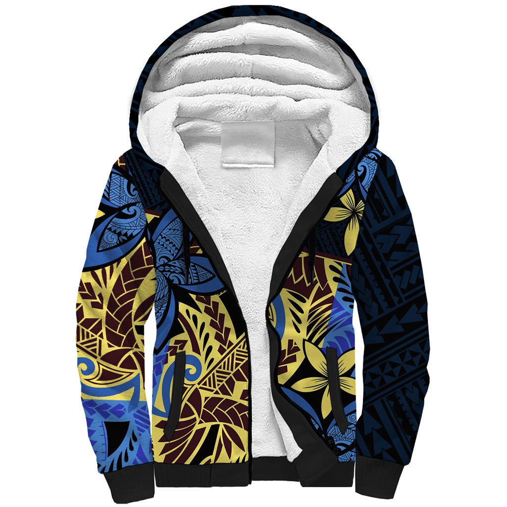 Polynesia Fabric Sherpa Hoodie Polynesian Tribal With Frangipani Flowers - Wonder Print Shop