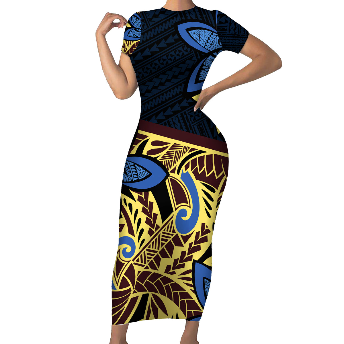 Polynesia Fabric Short Sleeve Bodycon Dress Polynesian Tribal With Frangipani Flowers - Wonder Print Shop