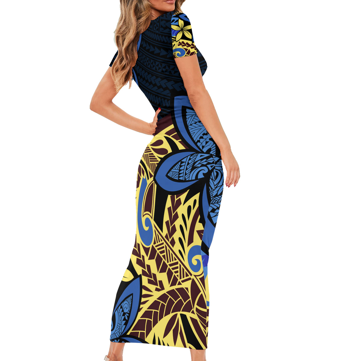 Polynesia Fabric Short Sleeve Bodycon Dress Polynesian Tribal With Frangipani Flowers - Wonder Print Shop