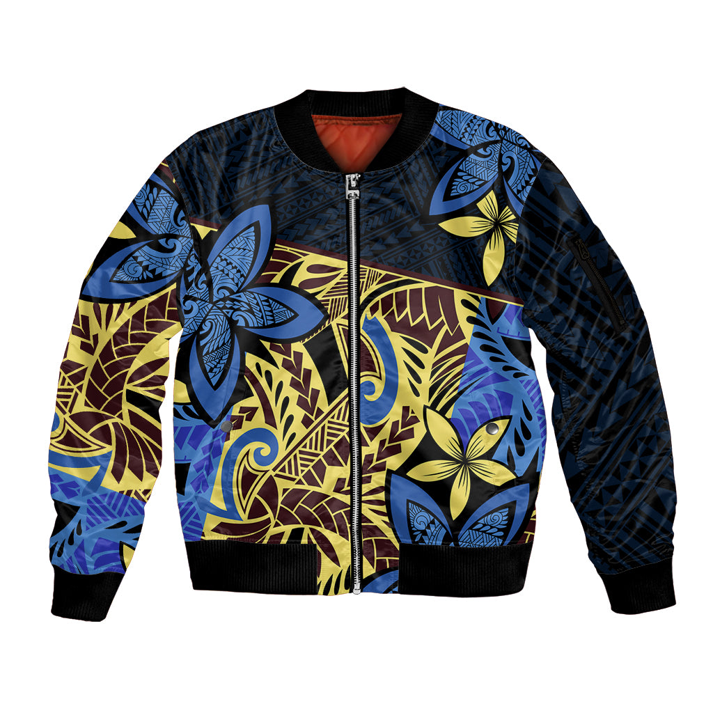 Polynesia Fabric Sleeve Zip Bomber Jacket Polynesian Tribal With Frangipani Flowers - Wonder Print Shop