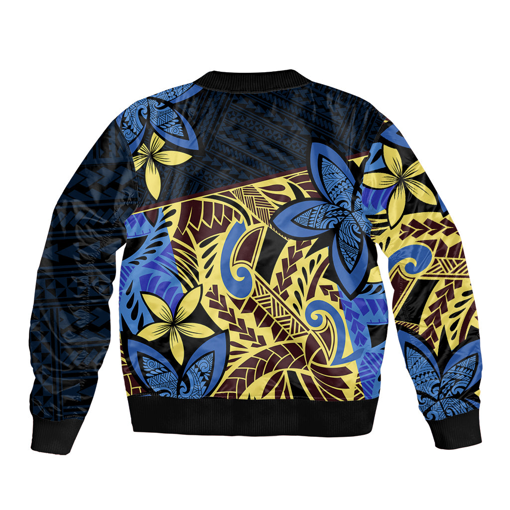 Polynesia Fabric Sleeve Zip Bomber Jacket Polynesian Tribal With Frangipani Flowers - Wonder Print Shop