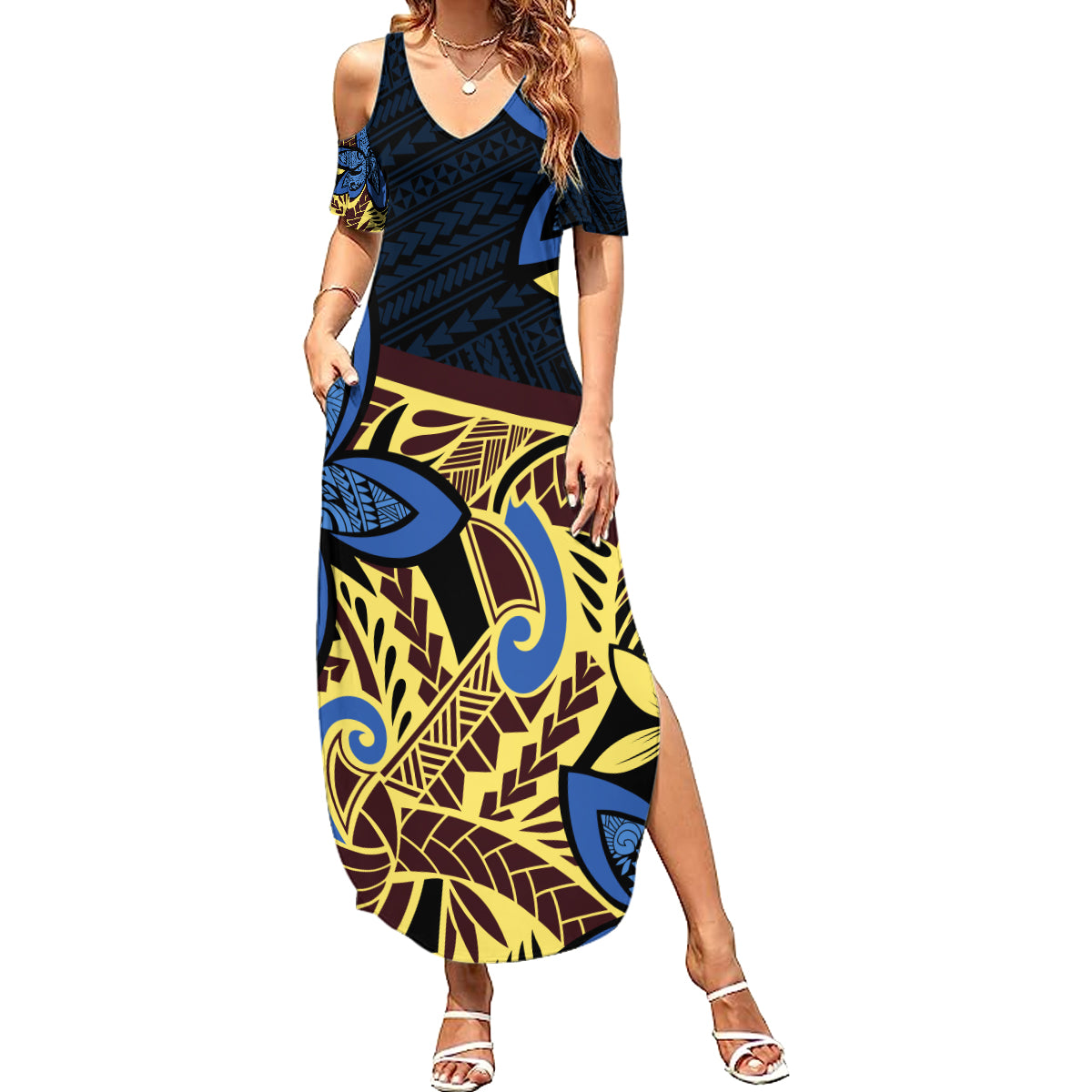Polynesia Fabric Summer Maxi Dress Polynesian Tribal With Frangipani Flowers - Wonder Print Shop