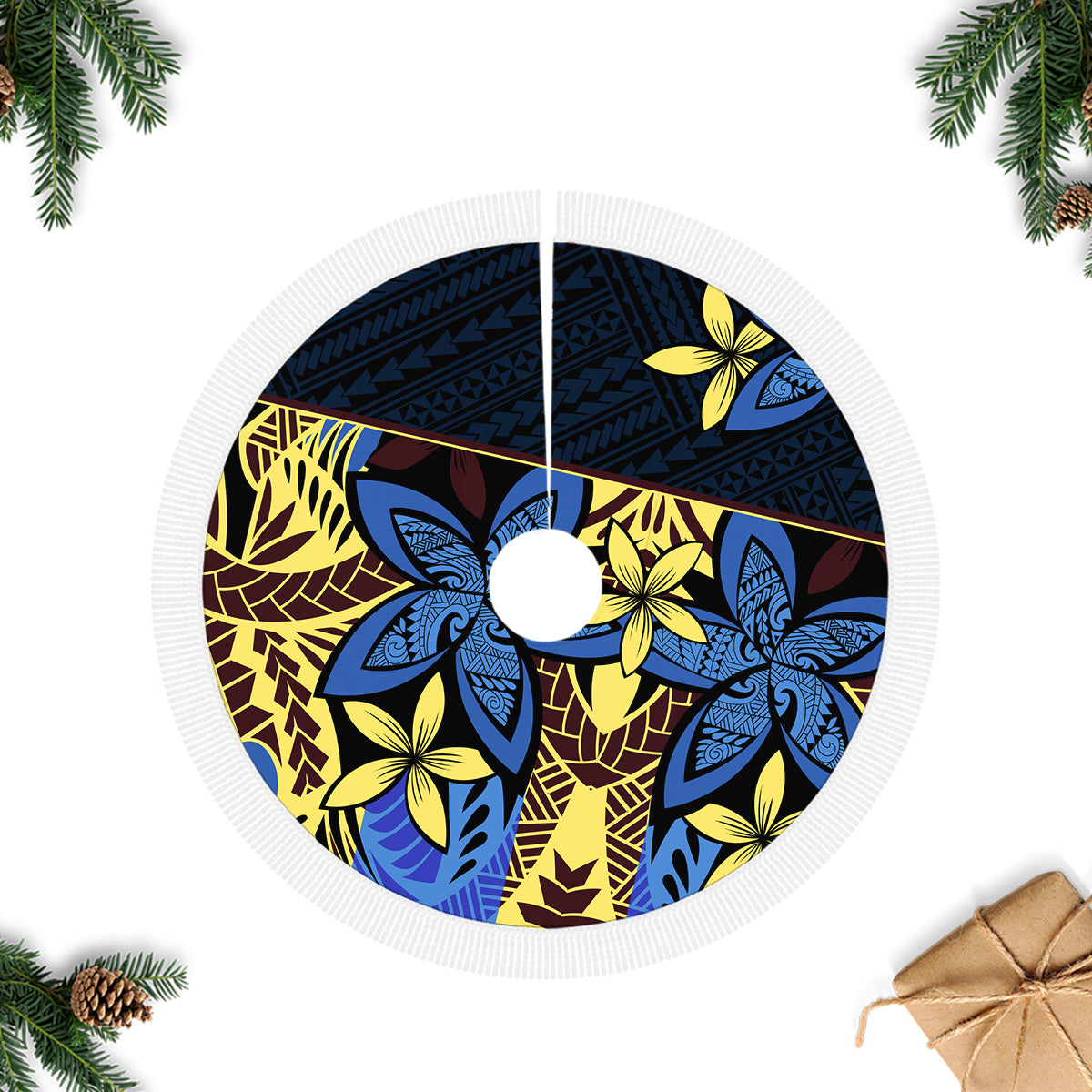 Polynesia Fabric Tree Skirt Polynesian Tribal With Frangipani Flowers - Wonder Print Shop