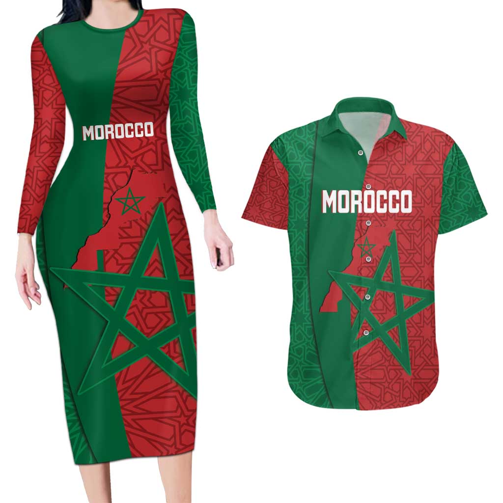 Personalised Morocco Couples Matching Long Sleeve Bodycon Dress and Hawaiian Shirt Moroccan Green Star With Moorish Pattern - Wonder Print Shop