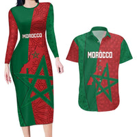 Personalised Morocco Couples Matching Long Sleeve Bodycon Dress and Hawaiian Shirt Moroccan Green Star With Moorish Pattern - Wonder Print Shop