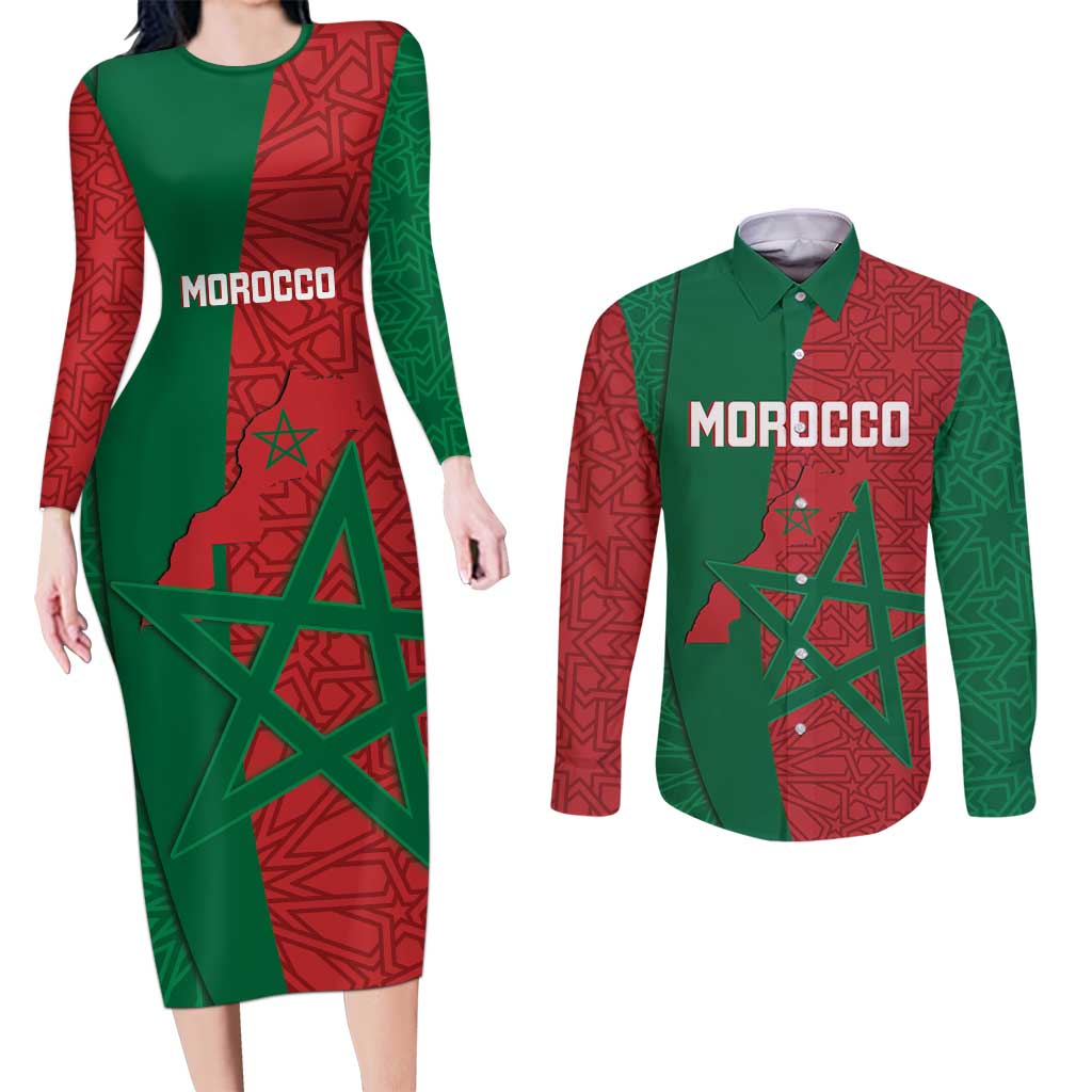 Personalised Morocco Couples Matching Long Sleeve Bodycon Dress and Long Sleeve Button Shirt Moroccan Green Star With Moorish Pattern - Wonder Print Shop