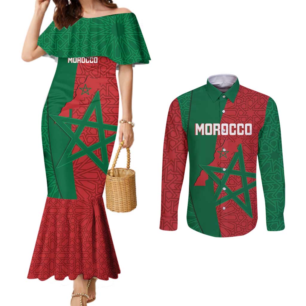 Personalised Morocco Couples Matching Mermaid Dress and Long Sleeve Button Shirt Moroccan Green Star With Moorish Pattern