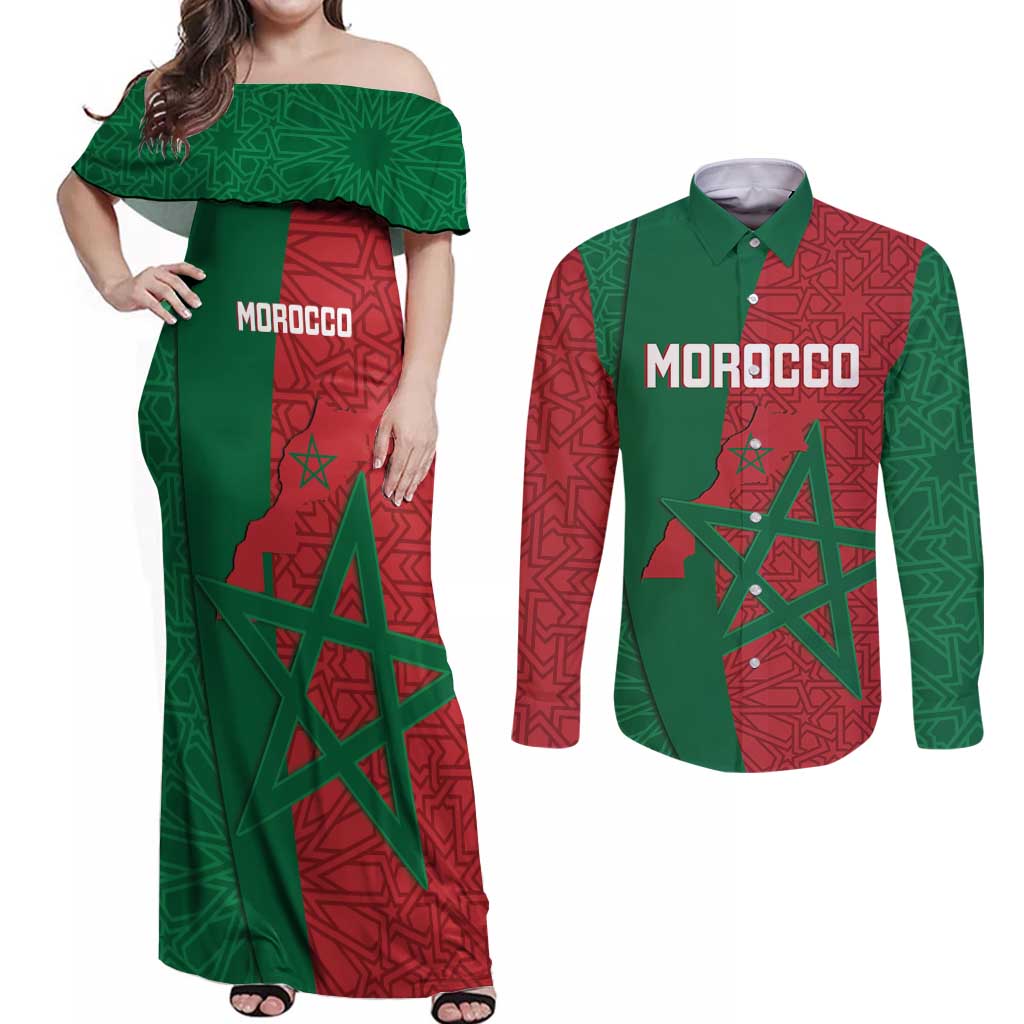 Personalised Morocco Couples Matching Off Shoulder Maxi Dress and Long Sleeve Button Shirt Moroccan Green Star With Moorish Pattern - Wonder Print Shop