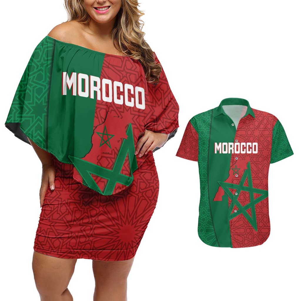 Personalised Morocco Couples Matching Off Shoulder Short Dress and Hawaiian Shirt Moroccan Green Star With Moorish Pattern - Wonder Print Shop