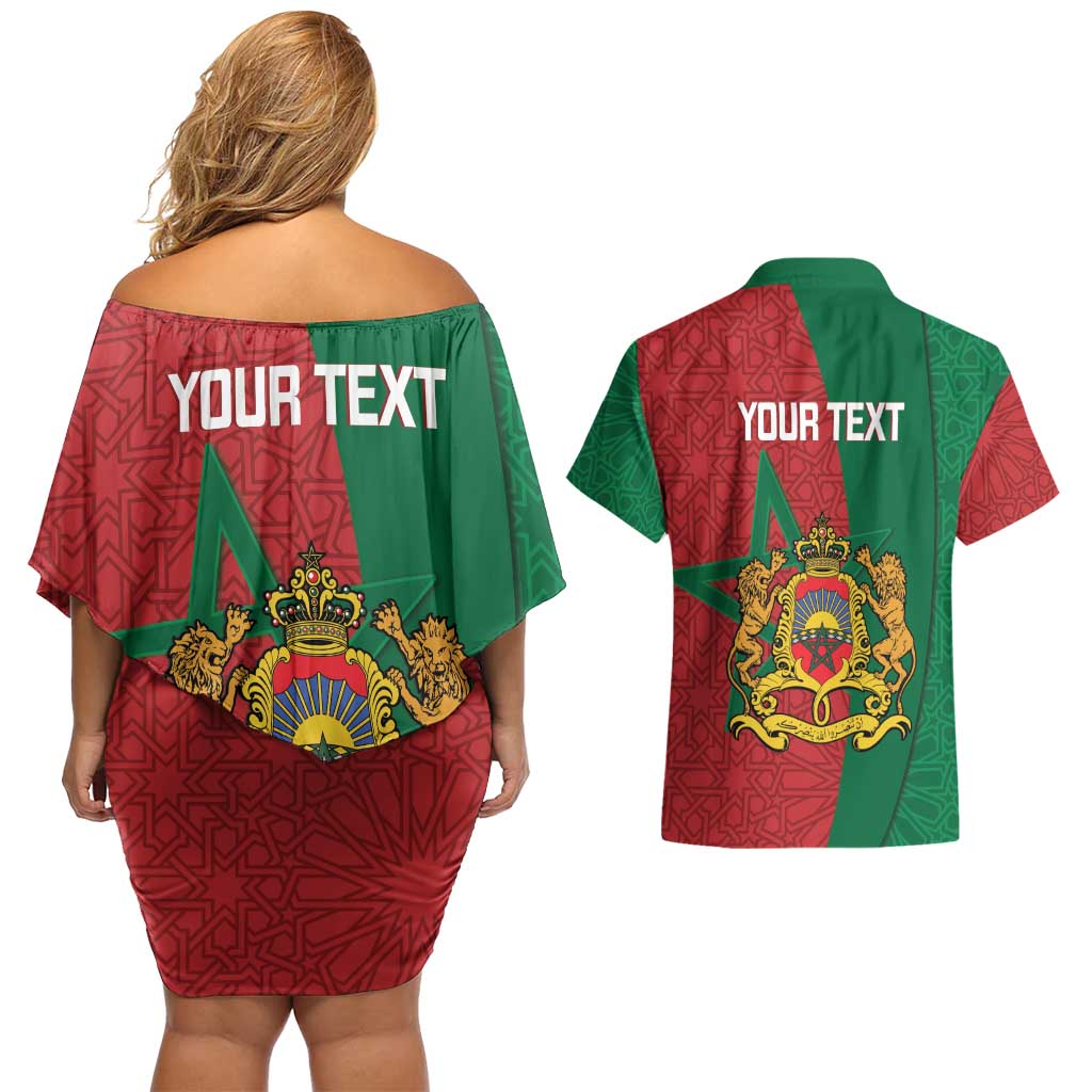 Personalised Morocco Couples Matching Off Shoulder Short Dress and Hawaiian Shirt Moroccan Green Star With Moorish Pattern - Wonder Print Shop