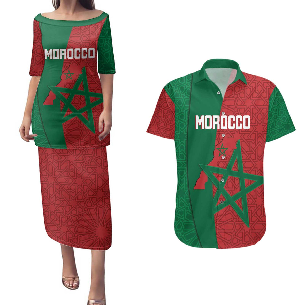 Personalised Morocco Couples Matching Puletasi and Hawaiian Shirt Moroccan Green Star With Moorish Pattern - Wonder Print Shop