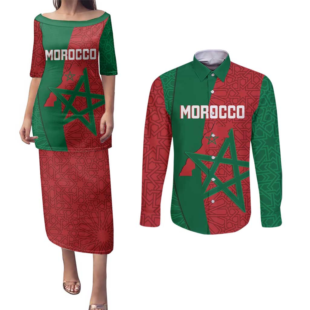 Personalised Morocco Couples Matching Puletasi and Long Sleeve Button Shirt Moroccan Green Star With Moorish Pattern - Wonder Print Shop