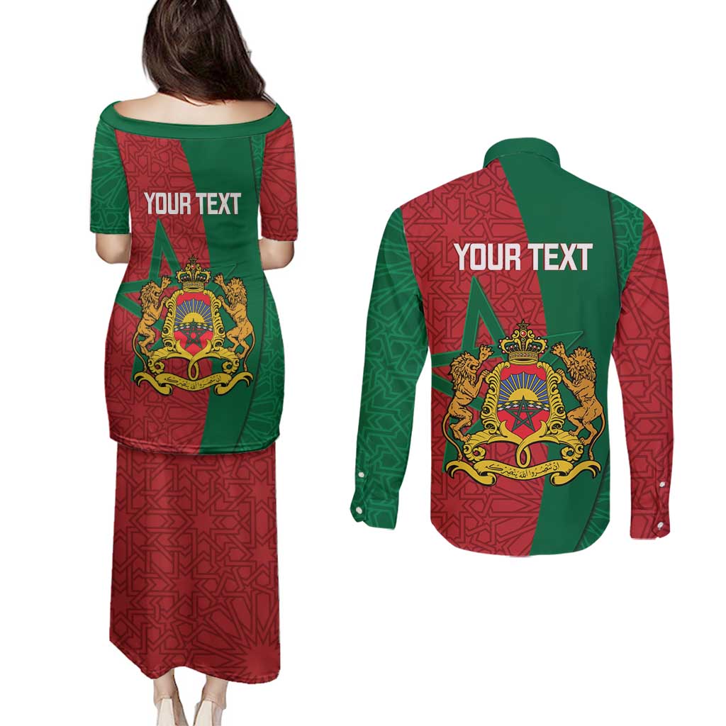 Personalised Morocco Couples Matching Puletasi and Long Sleeve Button Shirt Moroccan Green Star With Moorish Pattern - Wonder Print Shop