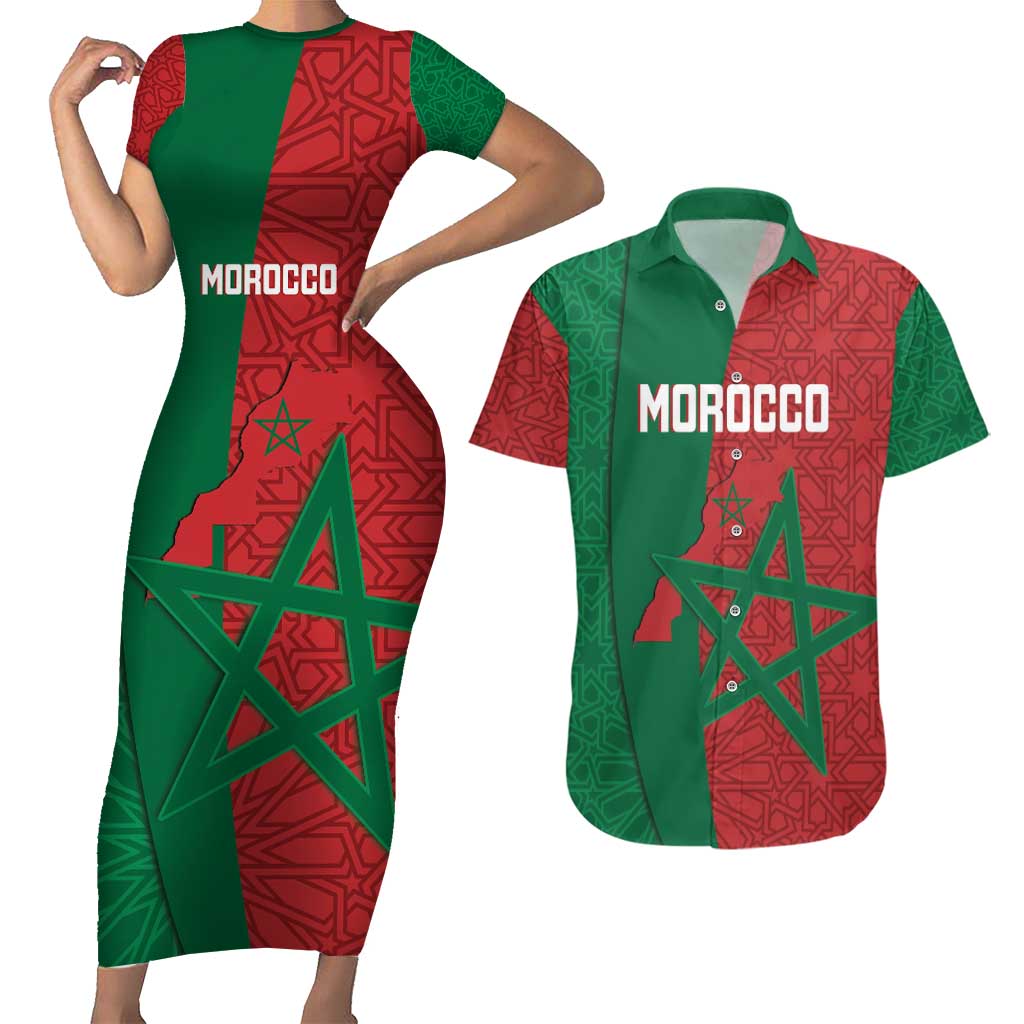 Personalised Morocco Couples Matching Short Sleeve Bodycon Dress and Hawaiian Shirt Moroccan Green Star With Moorish Pattern - Wonder Print Shop