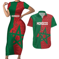 Personalised Morocco Couples Matching Short Sleeve Bodycon Dress and Hawaiian Shirt Moroccan Green Star With Moorish Pattern - Wonder Print Shop