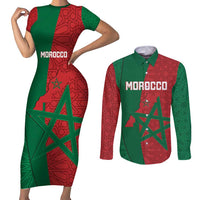 Personalised Morocco Couples Matching Short Sleeve Bodycon Dress and Long Sleeve Button Shirt Moroccan Green Star With Moorish Pattern - Wonder Print Shop