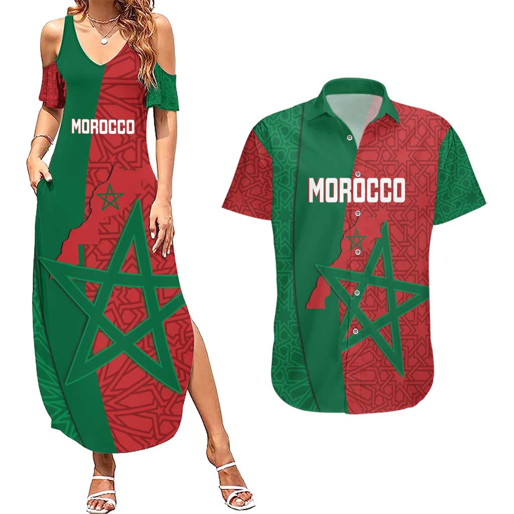 Personalised Morocco Couples Matching Summer Maxi Dress and Hawaiian Shirt Moroccan Green Star With Moorish Pattern - Wonder Print Shop