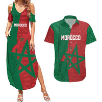 Personalised Morocco Couples Matching Summer Maxi Dress and Hawaiian Shirt Moroccan Green Star With Moorish Pattern - Wonder Print Shop