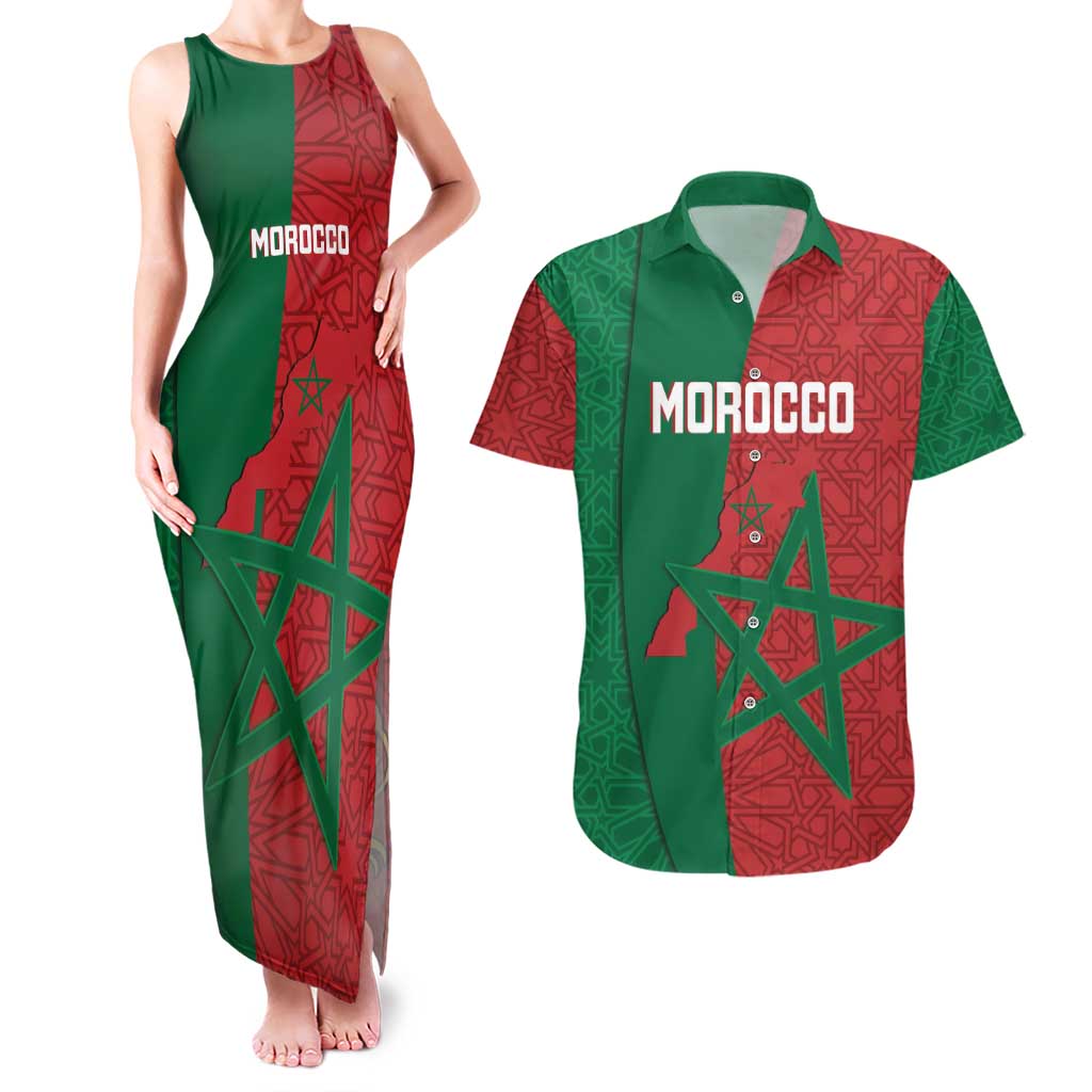 Personalised Morocco Couples Matching Tank Maxi Dress and Hawaiian Shirt Moroccan Green Star With Moorish Pattern - Wonder Print Shop