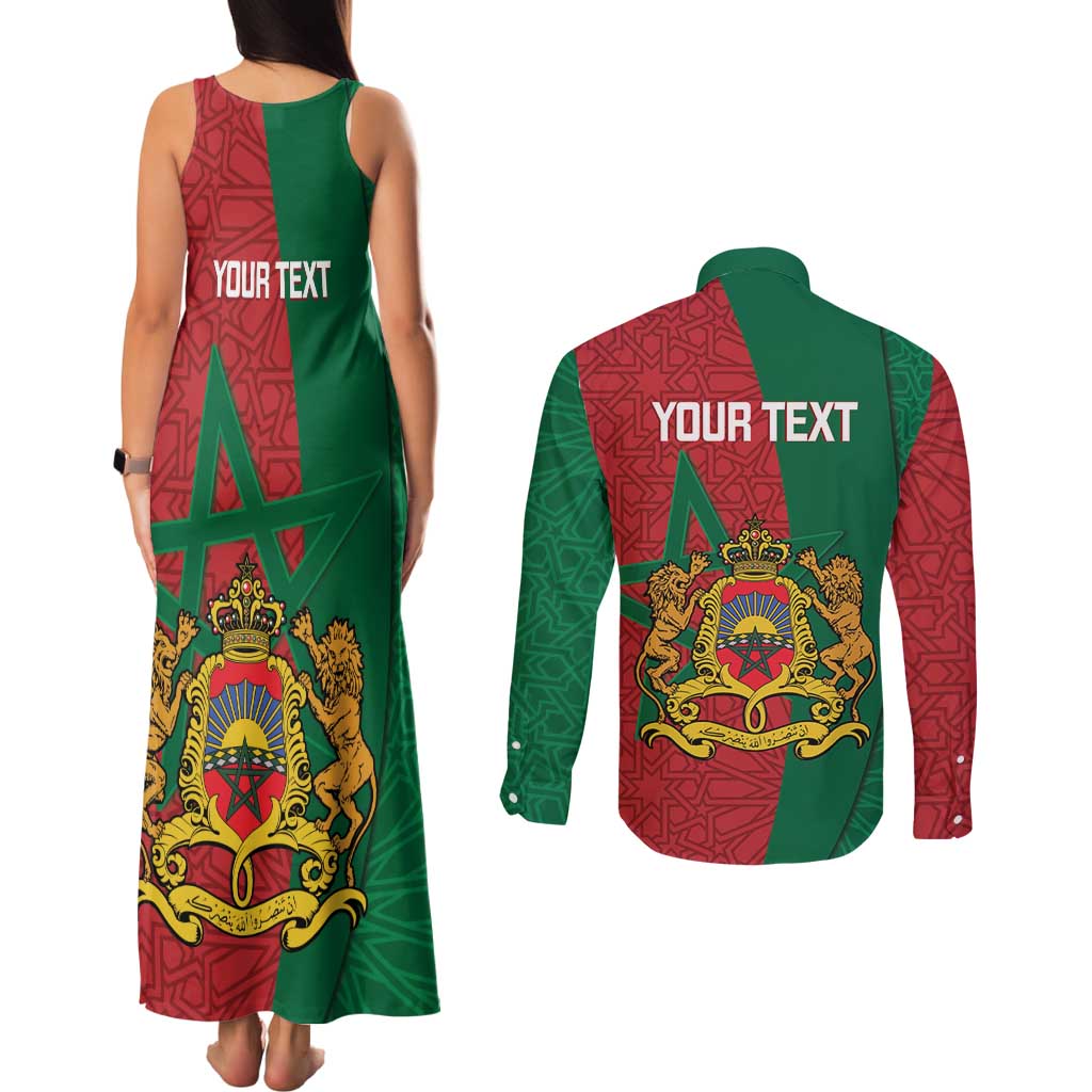Personalised Morocco Couples Matching Tank Maxi Dress and Long Sleeve Button Shirt Moroccan Green Star With Moorish Pattern - Wonder Print Shop
