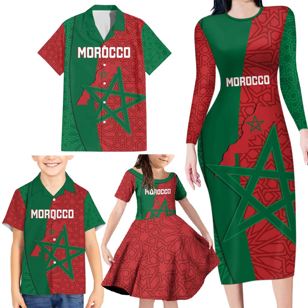 Personalised Morocco Family Matching Long Sleeve Bodycon Dress and Hawaiian Shirt Moroccan Green Star With Moorish Pattern - Wonder Print Shop