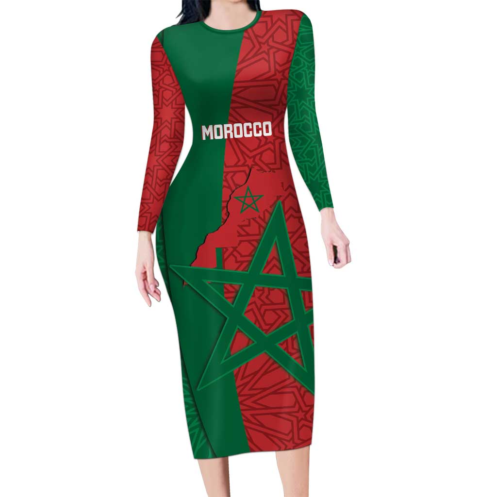 Personalised Morocco Family Matching Long Sleeve Bodycon Dress and Hawaiian Shirt Moroccan Green Star With Moorish Pattern - Wonder Print Shop